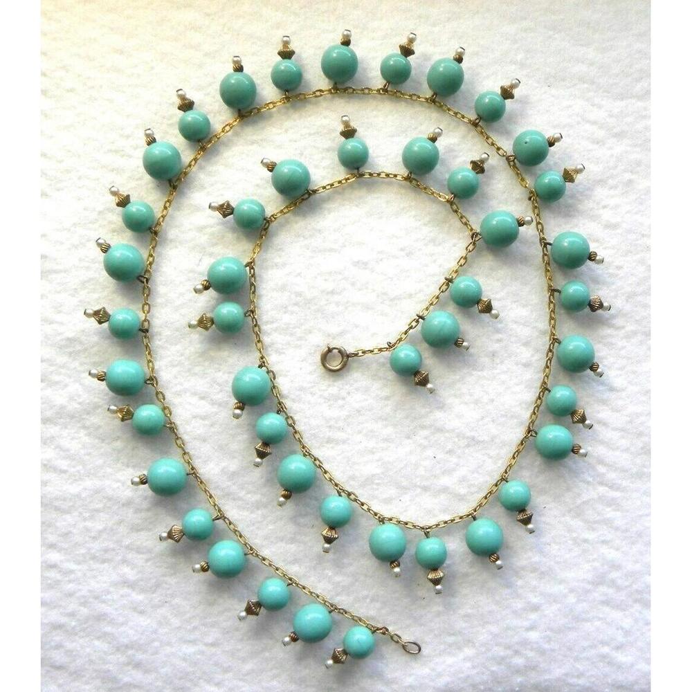 Vintage Early Miriam Haskell Turquoise Bead Necklace Pearl Gold Tone - Picture 1 of 6